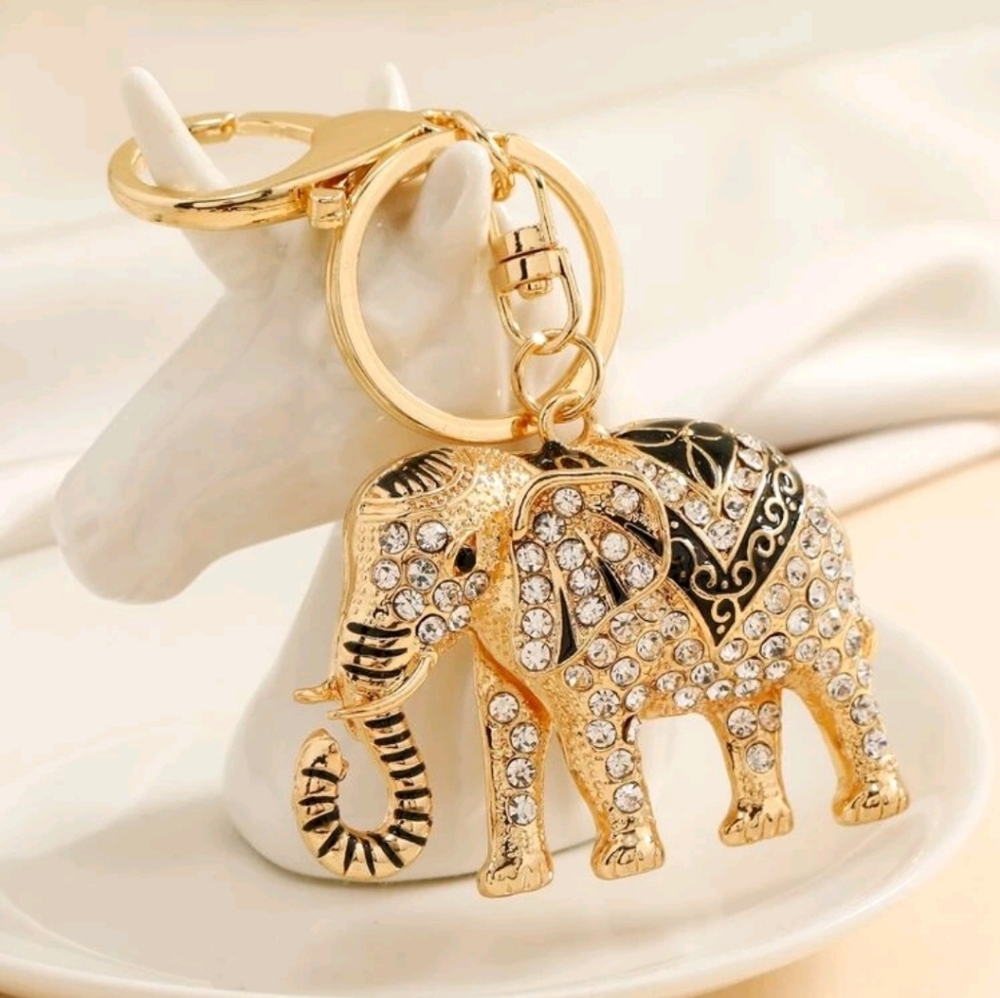 Black with Rhinestones Elephant Charm Keychain